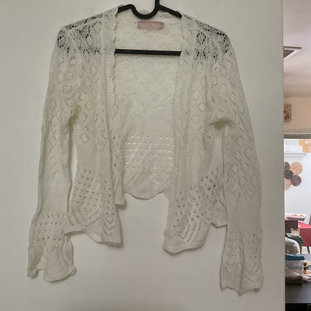 Sweet Kizz White Openwork Knit Cardigan with Ruffle Cuffs